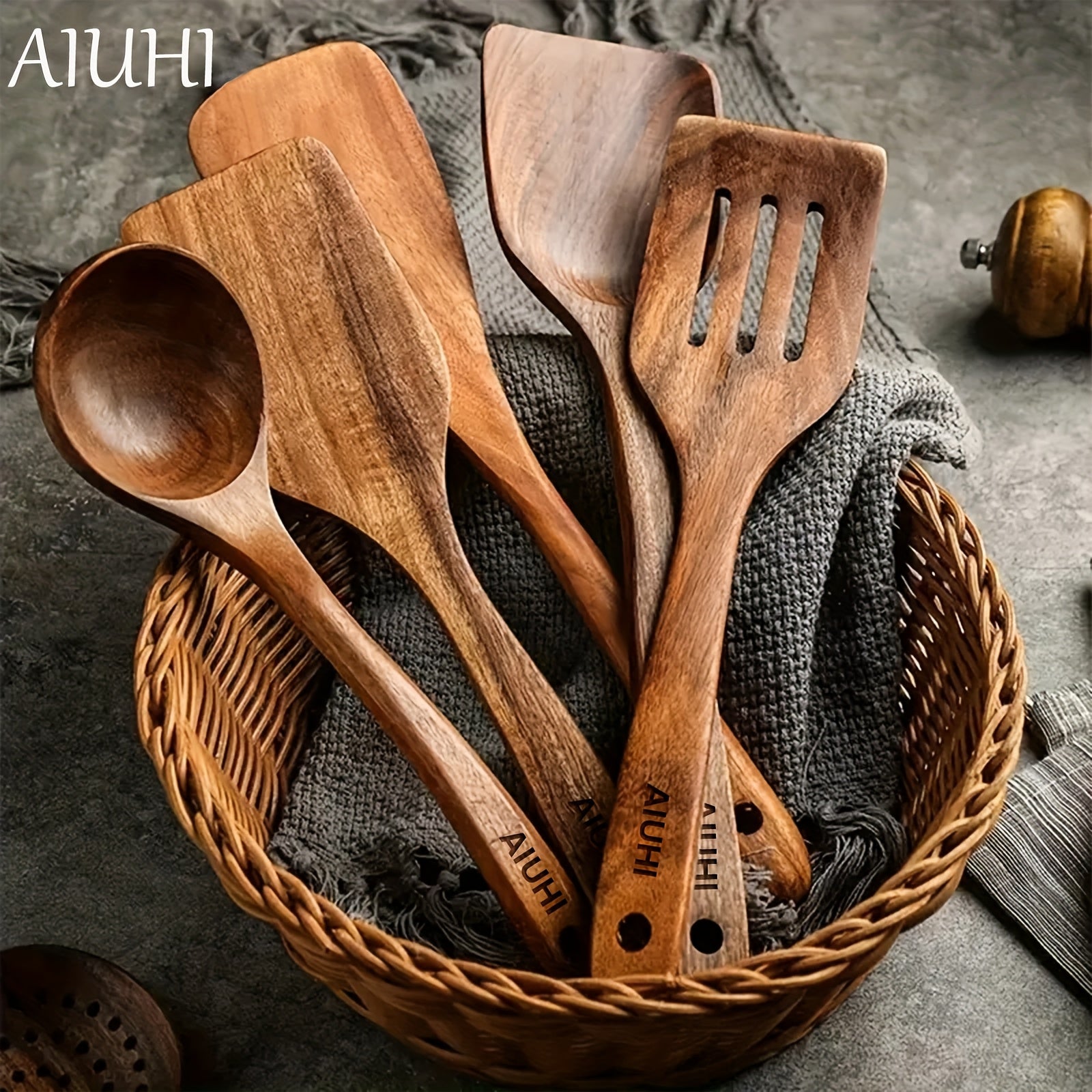 AIUHI 6pcs/5pcs Wooden Spoons, Kitchen Wooden Utensils for Cooking, Wooden Kitchen Utensils Set, Cooking Utensils Set