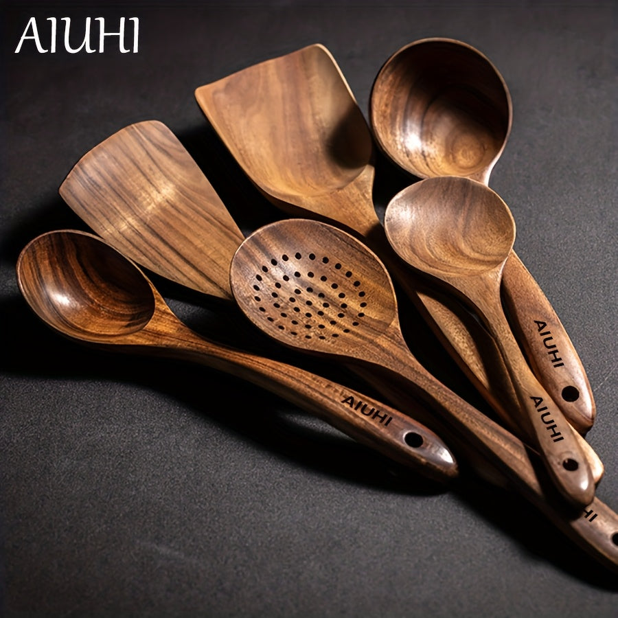 AIUHI 6pcs/5pcs Wooden Spoons, Kitchen Wooden Utensils for Cooking, Wooden Kitchen Utensils Set, Cooking Utensils Set