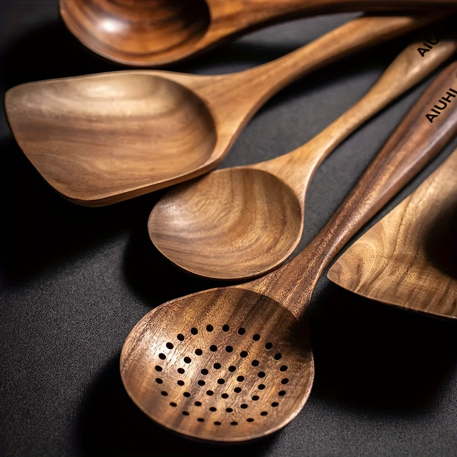 AIUHI 6pcs/5pcs Wooden Spoons, Kitchen Wooden Utensils for Cooking, Wooden Kitchen Utensils Set, Cooking Utensils Set