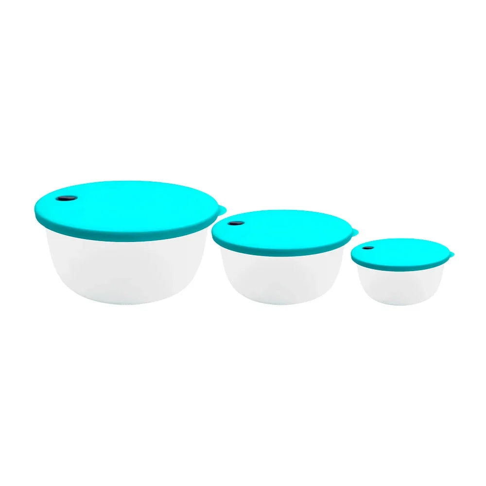 [GDL] Set of 3 round transparent plastic tupperware, variety of colors in the lids / 701812 / caz-03 / caz-02 /