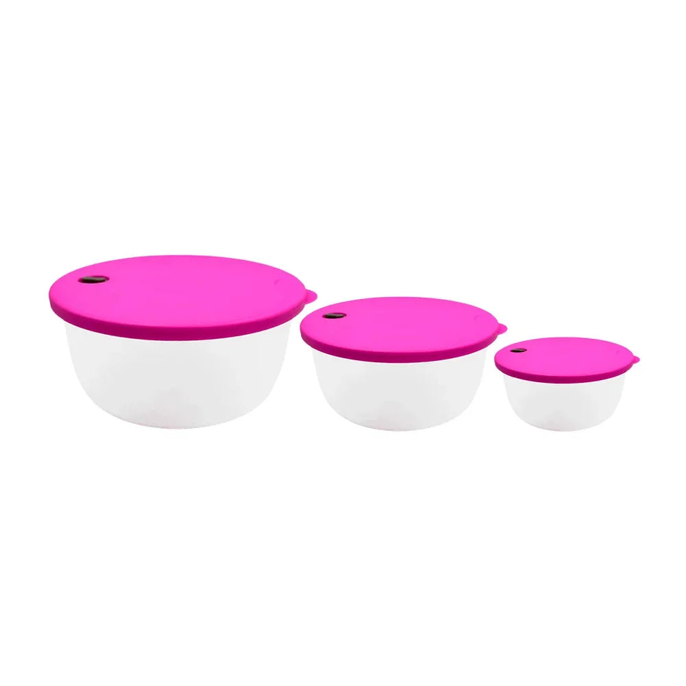 [GDL] Set of 3 round transparent plastic tupperware, variety of colors in the lids / 701812 / caz-03 / caz-02 /