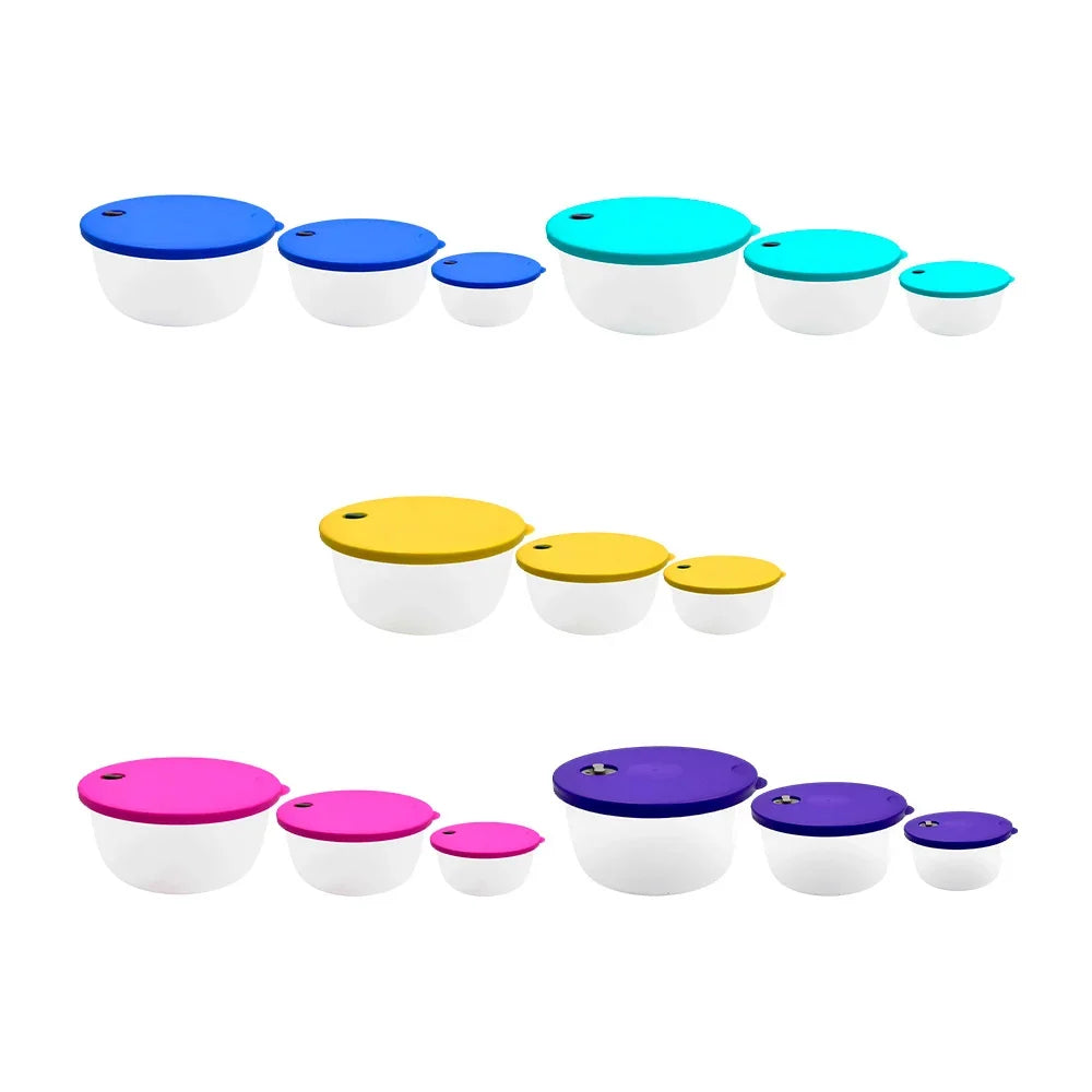 [GDL] Set of 3 round transparent plastic tupperware, variety of colors in the lids / 701812 / caz-03 / caz-02 /