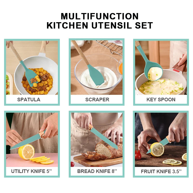 Set of 19 Pieces Silicone Kitchen Utensils with Wooden Handles Cooking Tools and Kitchenware for a Convenient Cocina Experience