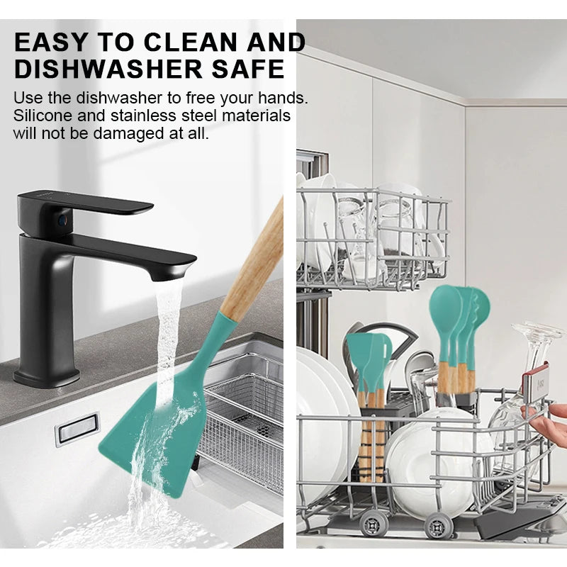 Set of 19 Pieces Silicone Kitchen Utensils with Wooden Handles Cooking Tools and Kitchenware for a Convenient Cocina Experience