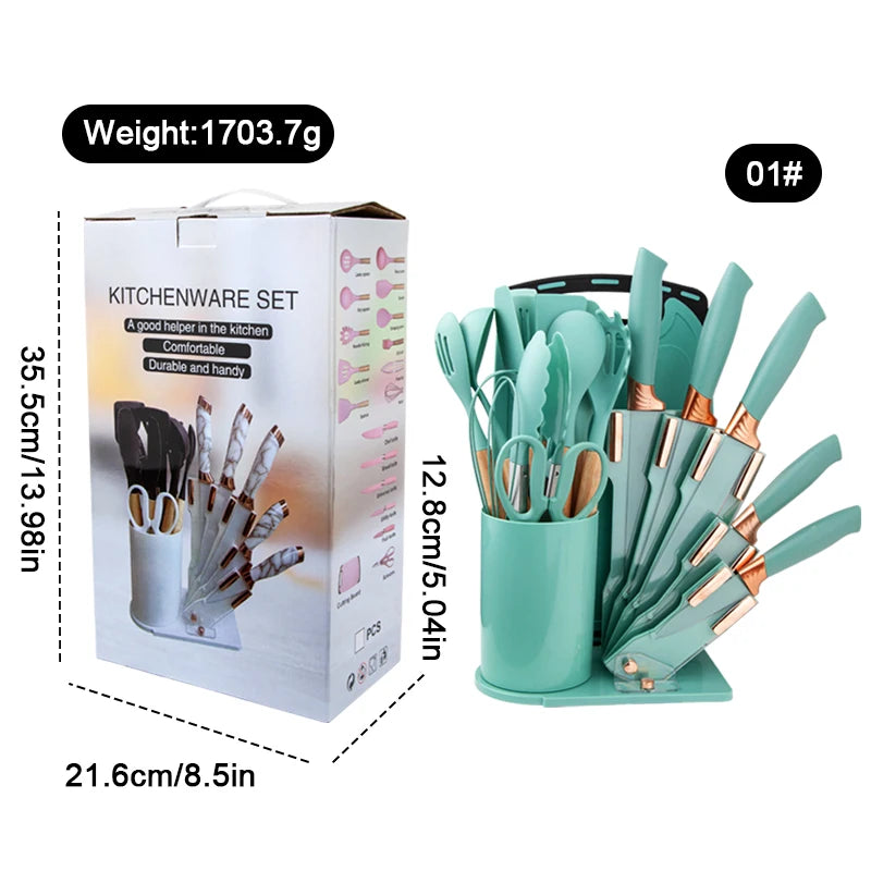 Set of 19 Pieces Silicone Kitchen Utensils with Wooden Handles Cooking Tools and Kitchenware for a Convenient Cocina Experience