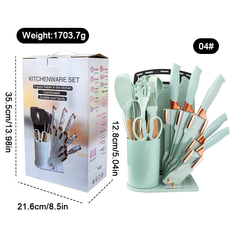 Set of 19 Pieces Silicone Kitchen Utensils with Wooden Handles Cooking Tools and Kitchenware for a Convenient Cocina Experience