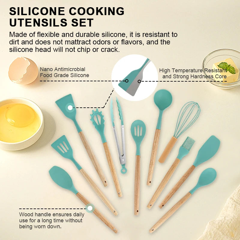 Set of 19 Pieces Silicone Kitchen Utensils with Wooden Handles Cooking Tools and Kitchenware for a Convenient Cocina Experience