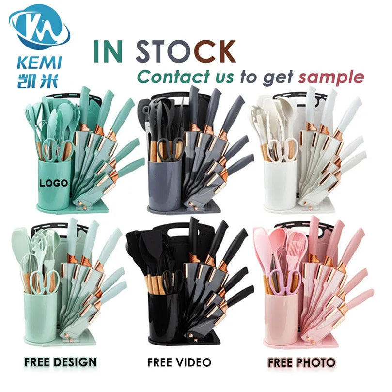 Set of 19 Pieces Silicone Kitchen Utensils with Wooden Handles Cooking Tools and Kitchenware for a Convenient Cocina Experience