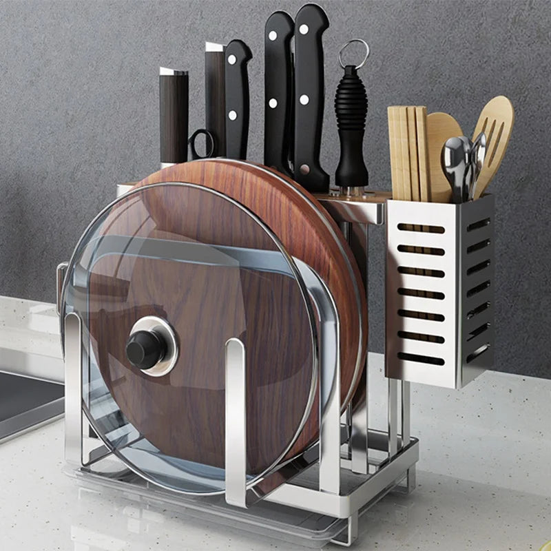 Kitchen Utensils Organizer Knife Shelf Rack 304 Stainless Steel Fork Spoon Chopsticks Cage Cutting Board Integrated Storage Hold