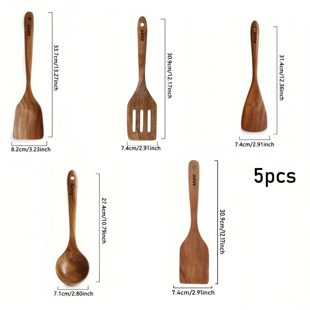 AIUHI 6pcs/5pcs Wooden Spoons, Kitchen Wooden Utensils for Cooking, Wooden Kitchen Utensils Set, Cooking Utensils Set